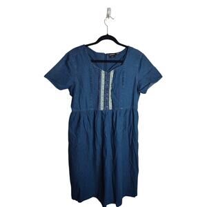 Vintage Erika Denim Dress 90s floral contrast Cottage Casual Petite L